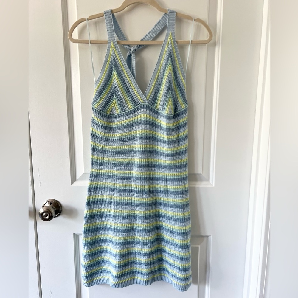 Y2K 90s Blue & Green Striped Crochet Knit Halter Mini Dress Size Medium